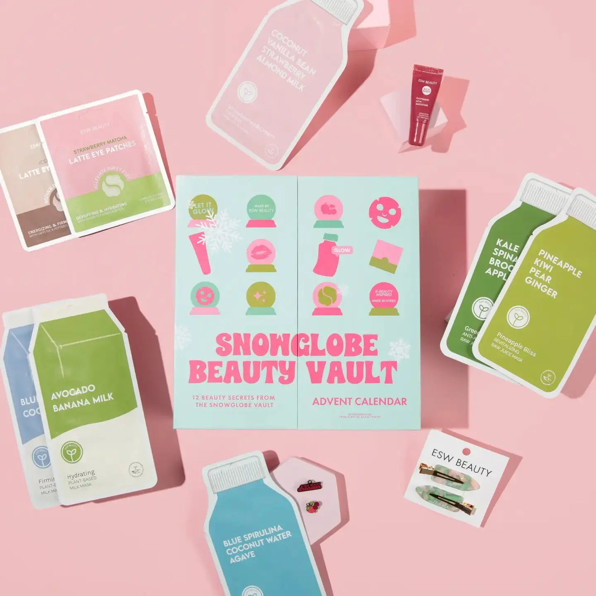ESW Beauty Snow Globe 12-Day Advent Calendar featuring skincare gift set with various skincare products inside a festive snow globe design.