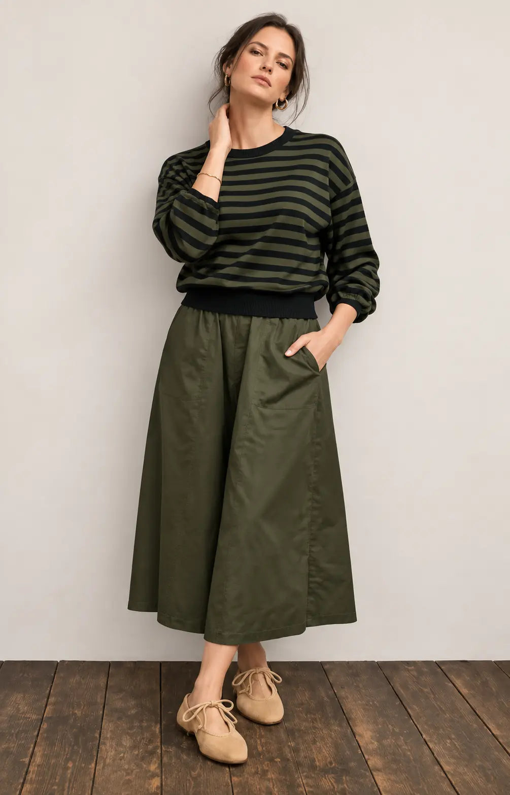 Olive Stripe Two-Piece Dress Set