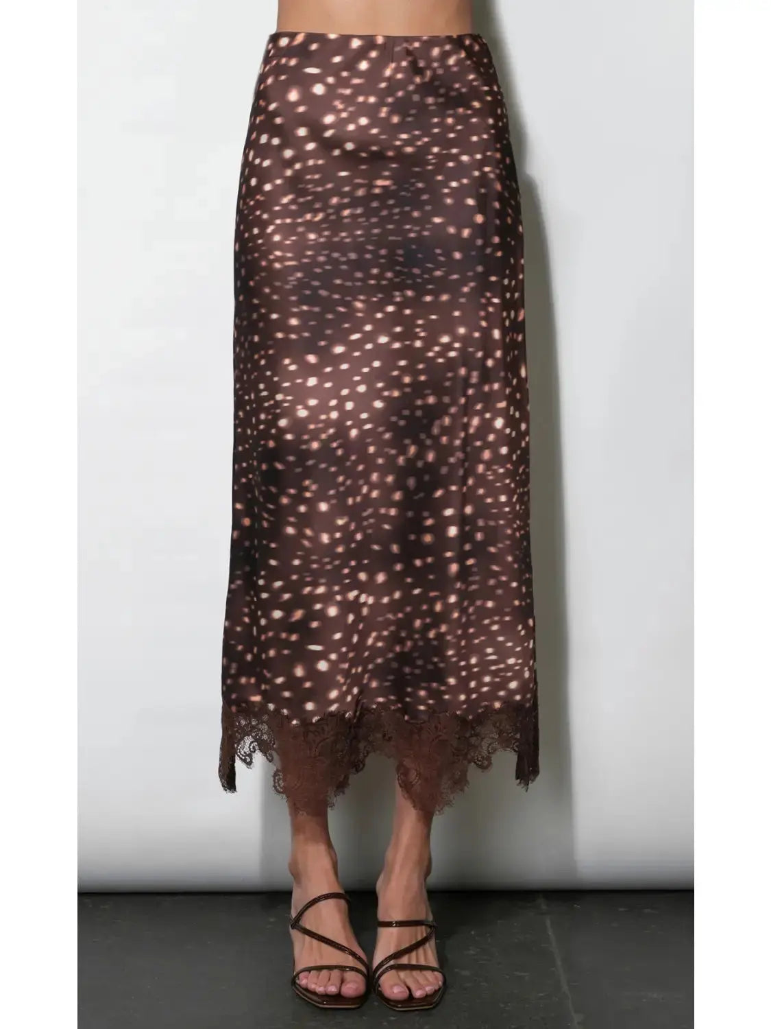 Greylin Winona lace trim satin midi skirt in smooth satin fabric with delicate lace edging