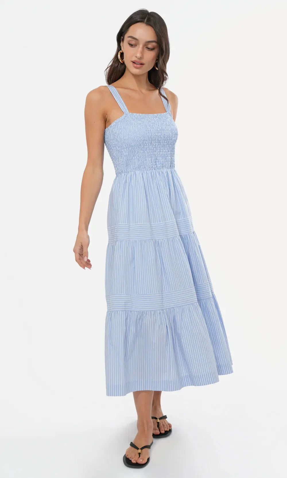 Lisa Stripe Tiered Smocked Midi Dress - Sprig Beauty Co