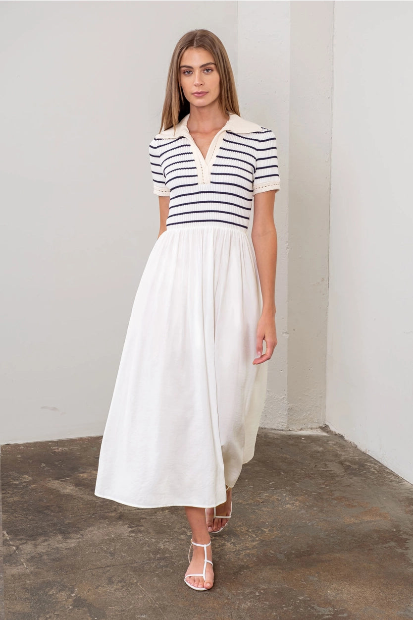 Stripe Collar Mix Midi Dress - Sprig Beauty Co