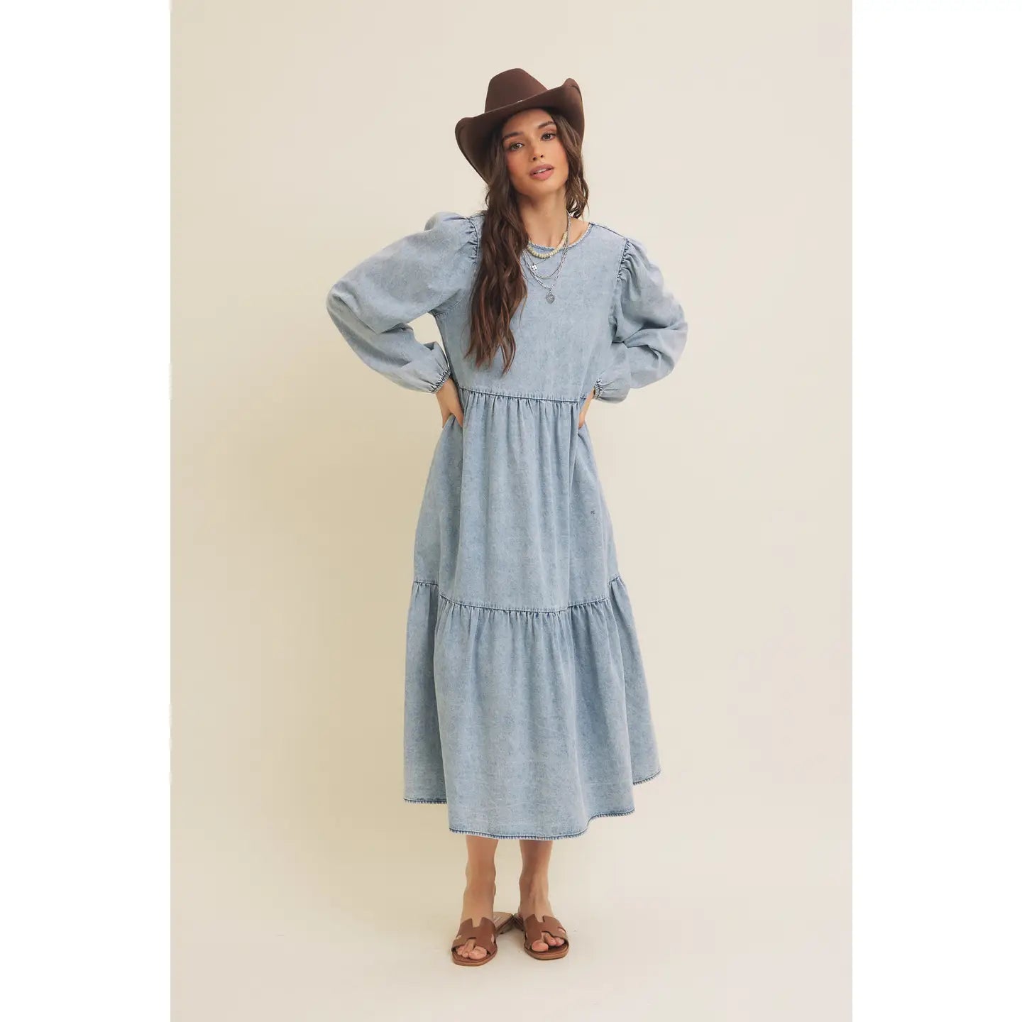 Acid Denim Washed Western Tiered Midi Dress Sprig Must Have Sprig Flower Co