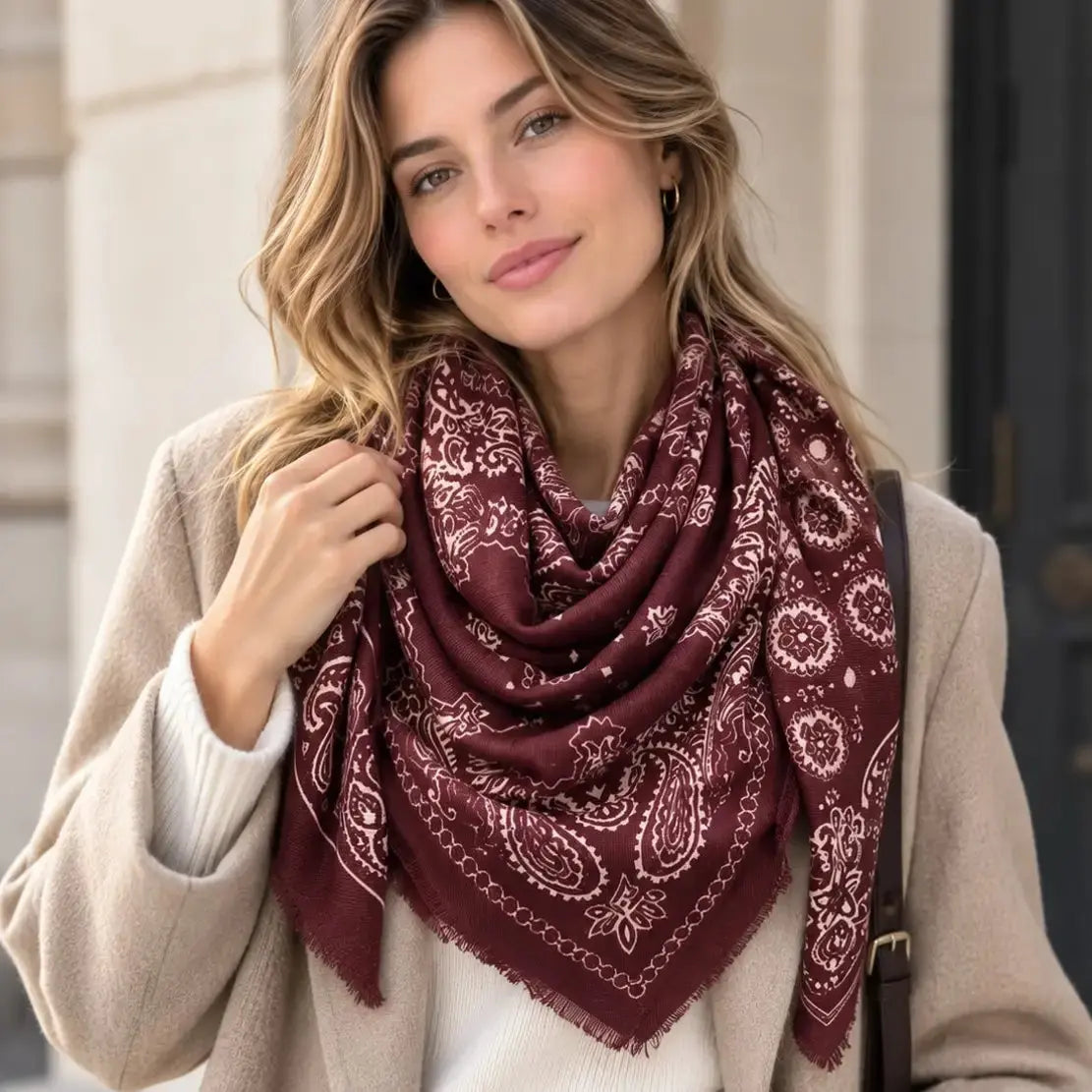 Burgundy paisley bandana scarf worn around the neck, featuring white ornamental print and fringed edges