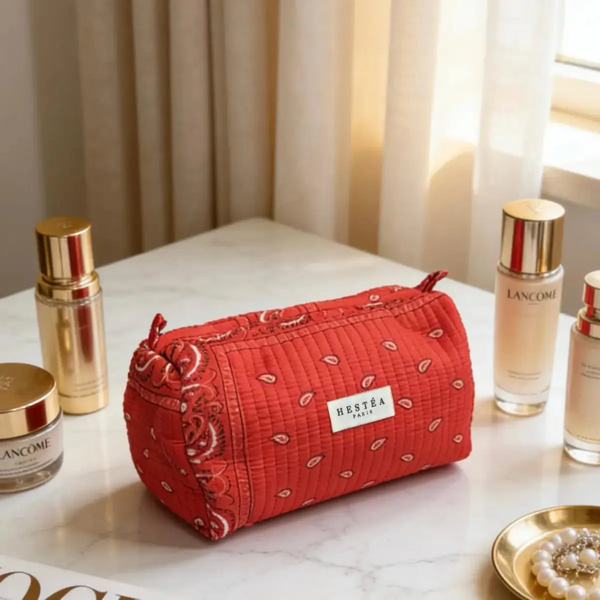 Lineta red paisley makeup bag with zip closure and compact rectangular design