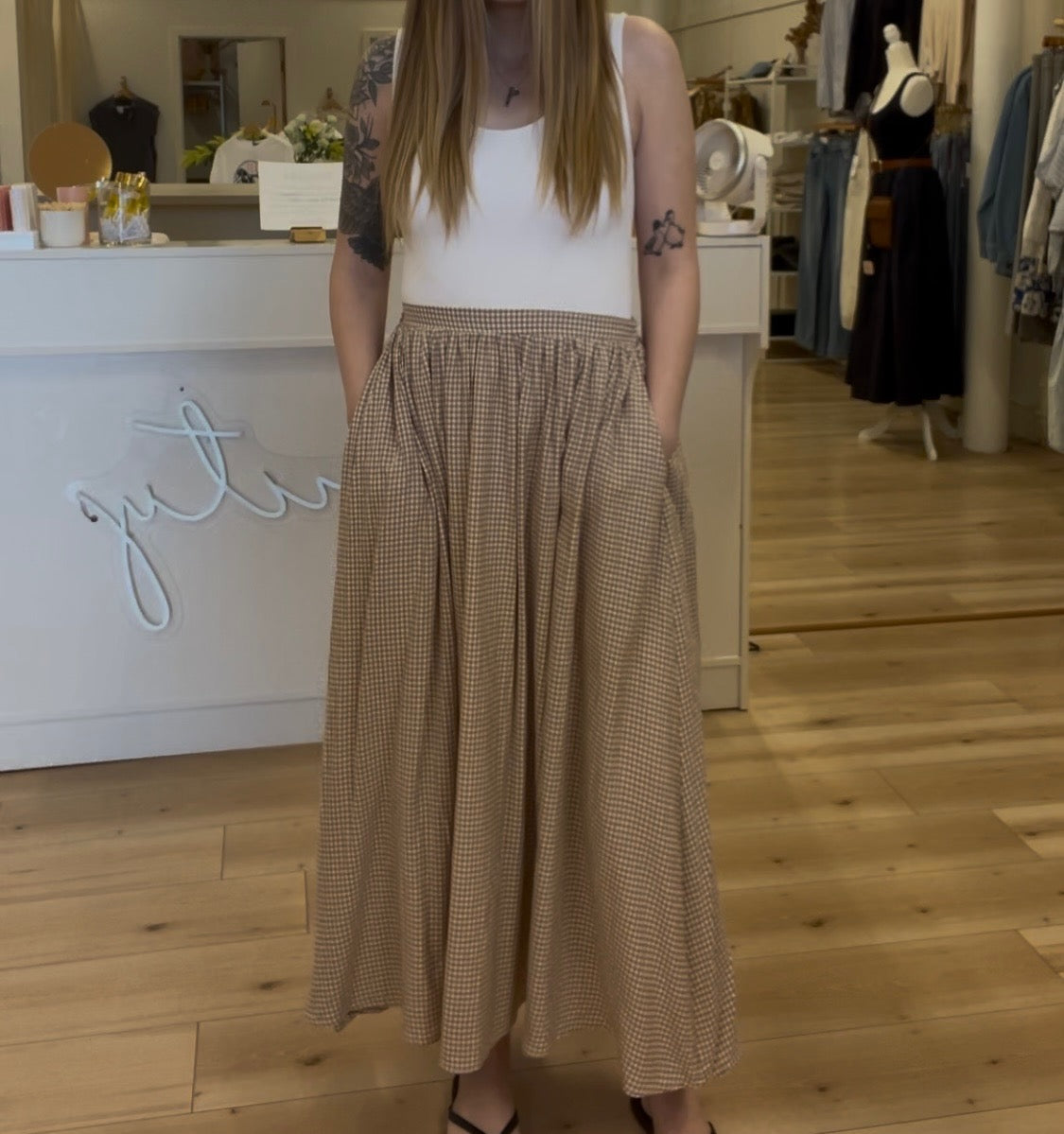 Moon River Brown Gingham Midi Skirt - Sprig Beauty Co