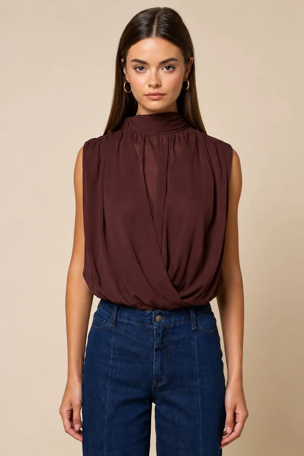 Lalavon Sloane Draped Chiffon Top with mock neckline, flowing fabric, and elegant drape, perfect for stylish casual wear.