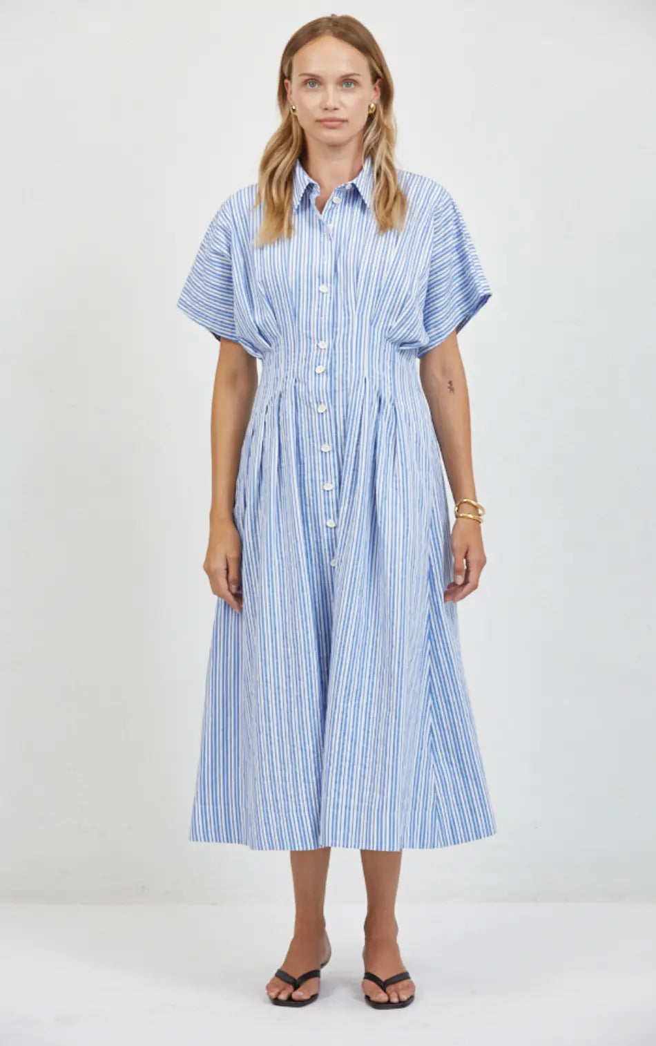 Aster Striped Shirt Dress – Cotton Linen Midi Dress A.ren