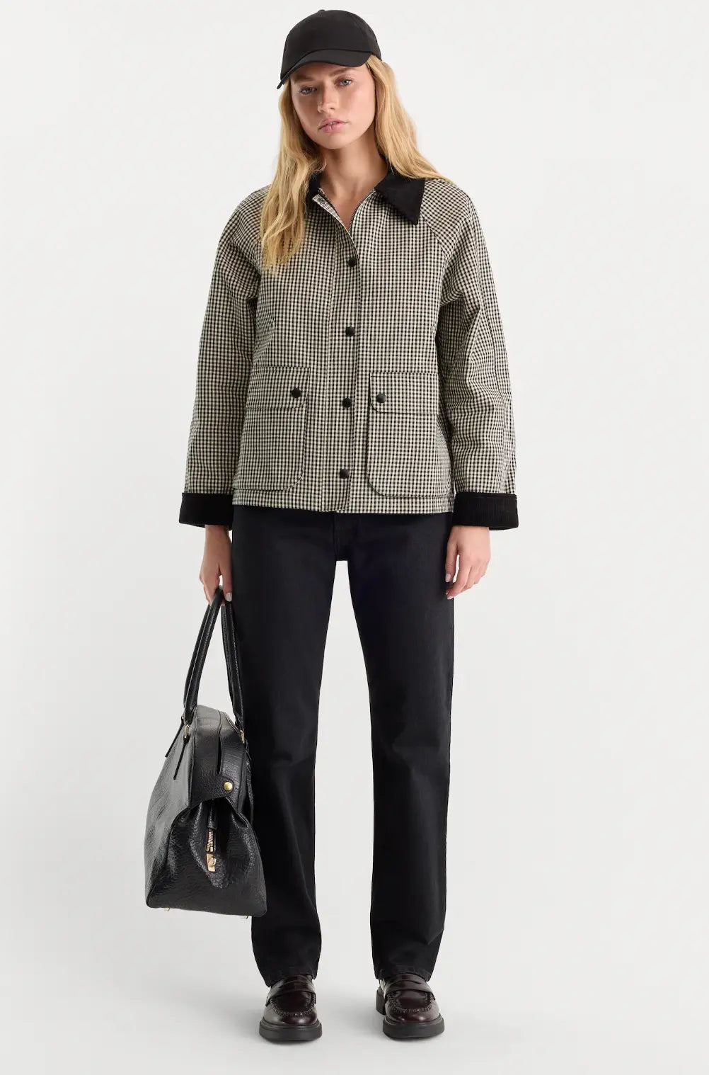 Good American Heritage Plaid Jacket, stylish apparel featuring a classic plaid pattern and tailored fit.