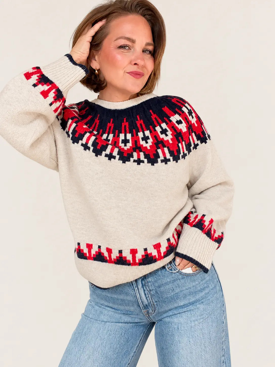 Stateside Alpine Fair Isle sweater, cozy knit apparel featuring traditional Fair Isle pattern, ideal for winter wear.