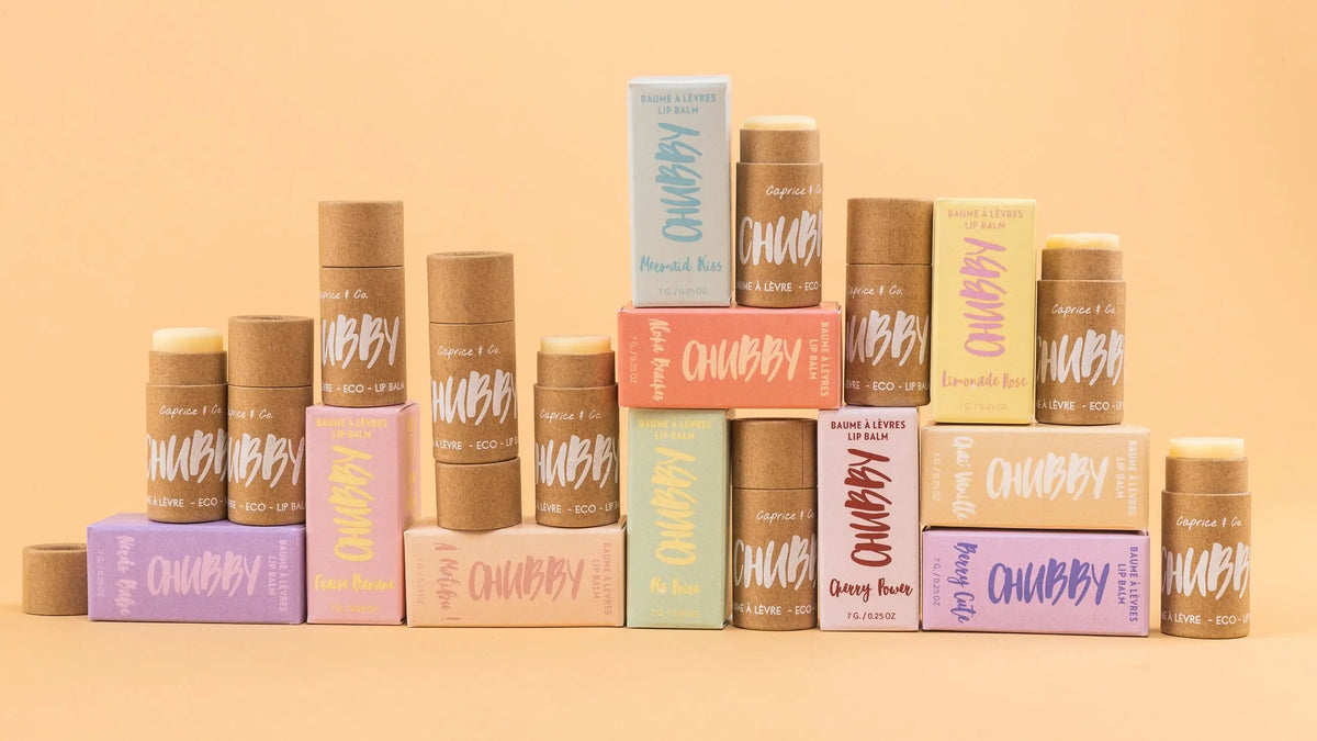 Caprice & Co Chubby Vegan Lip Balm with tropical flavors like Aloha Beaches, Pina Colada, and Mango, in colorful packaging.