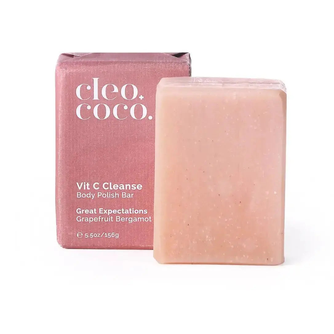 Cleo + Coco Vitamin C Body Polish Soap Bar, natural bar soap with exfoliating and brightening ingredients, in a simple wrapper.