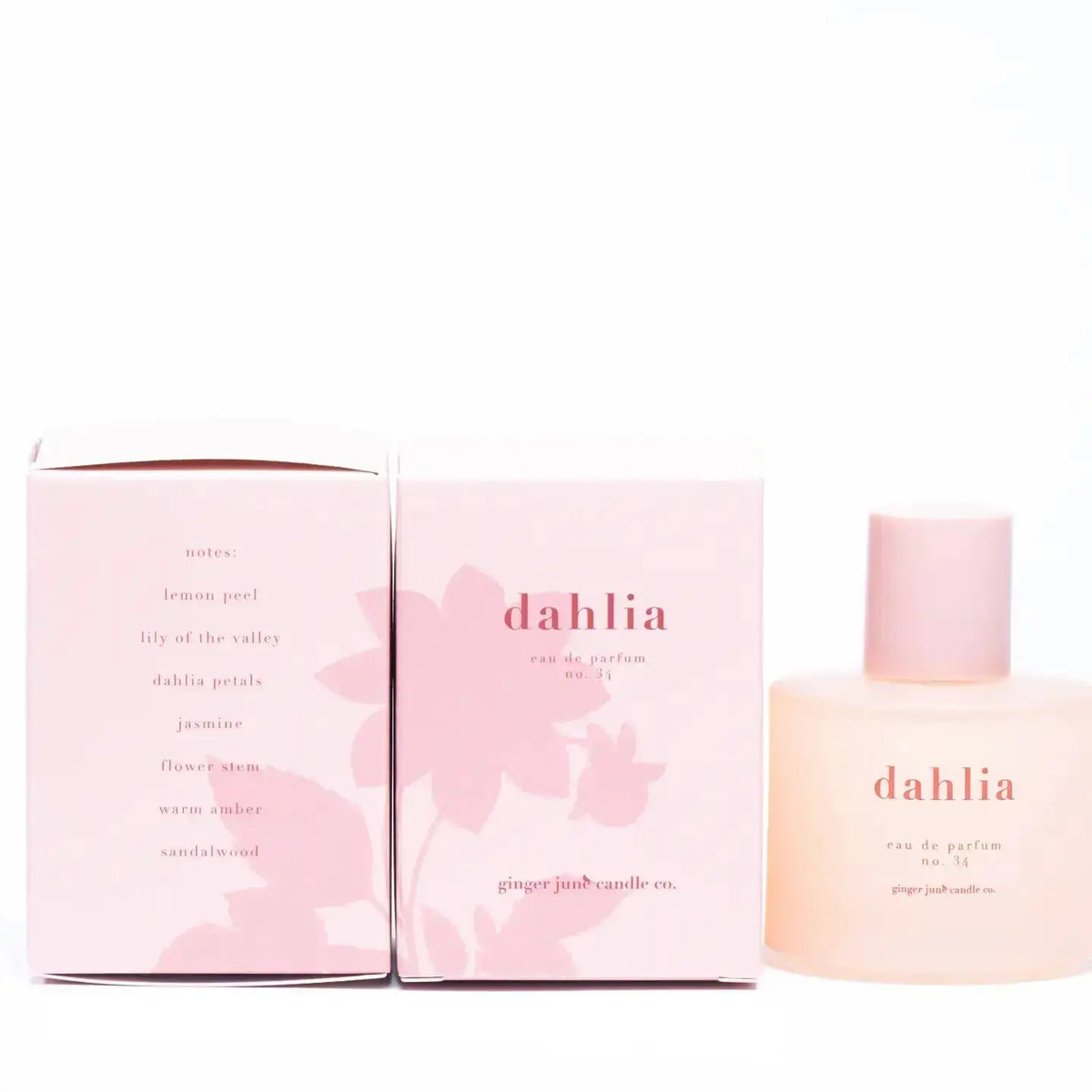 Ginger June Dahlia essential oil perfume spray, 1.5 oz, featuring floral and aromatic scents in a sleek glass bottle.