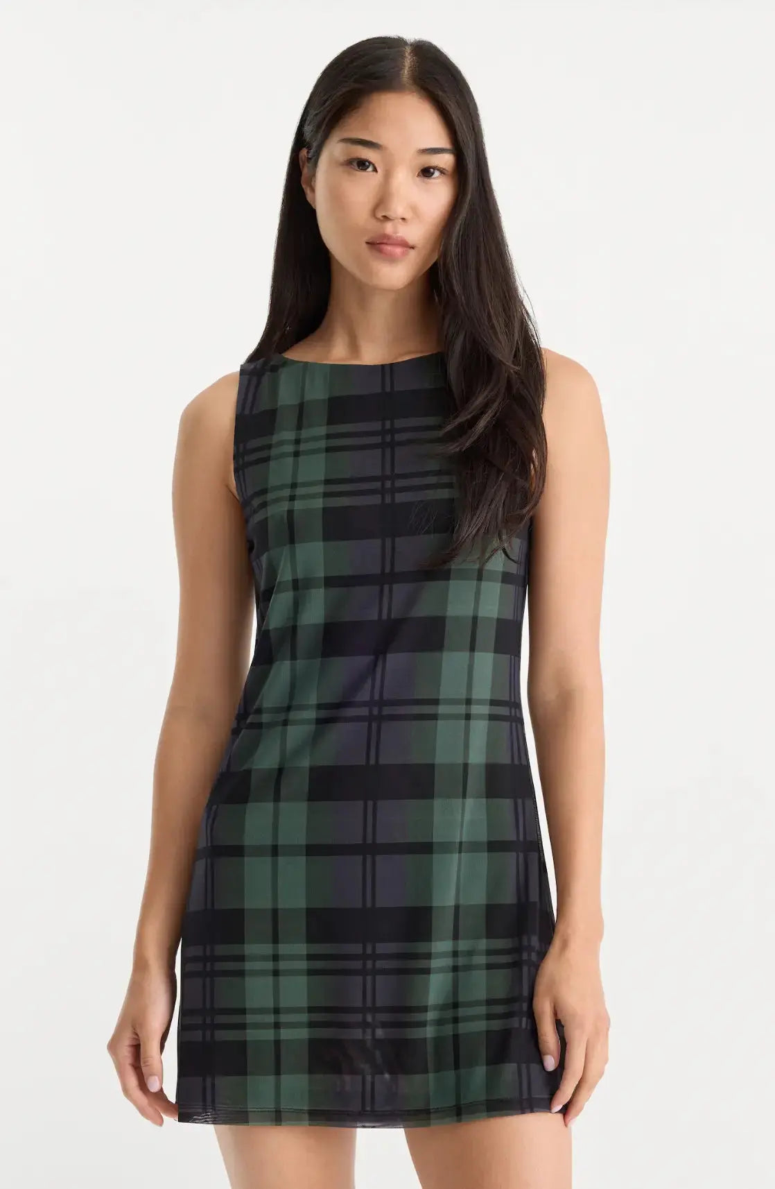 Good American Blair plaid mesh mini dress, extra small, featuring a stylish plaid pattern and sheer mesh fabric.