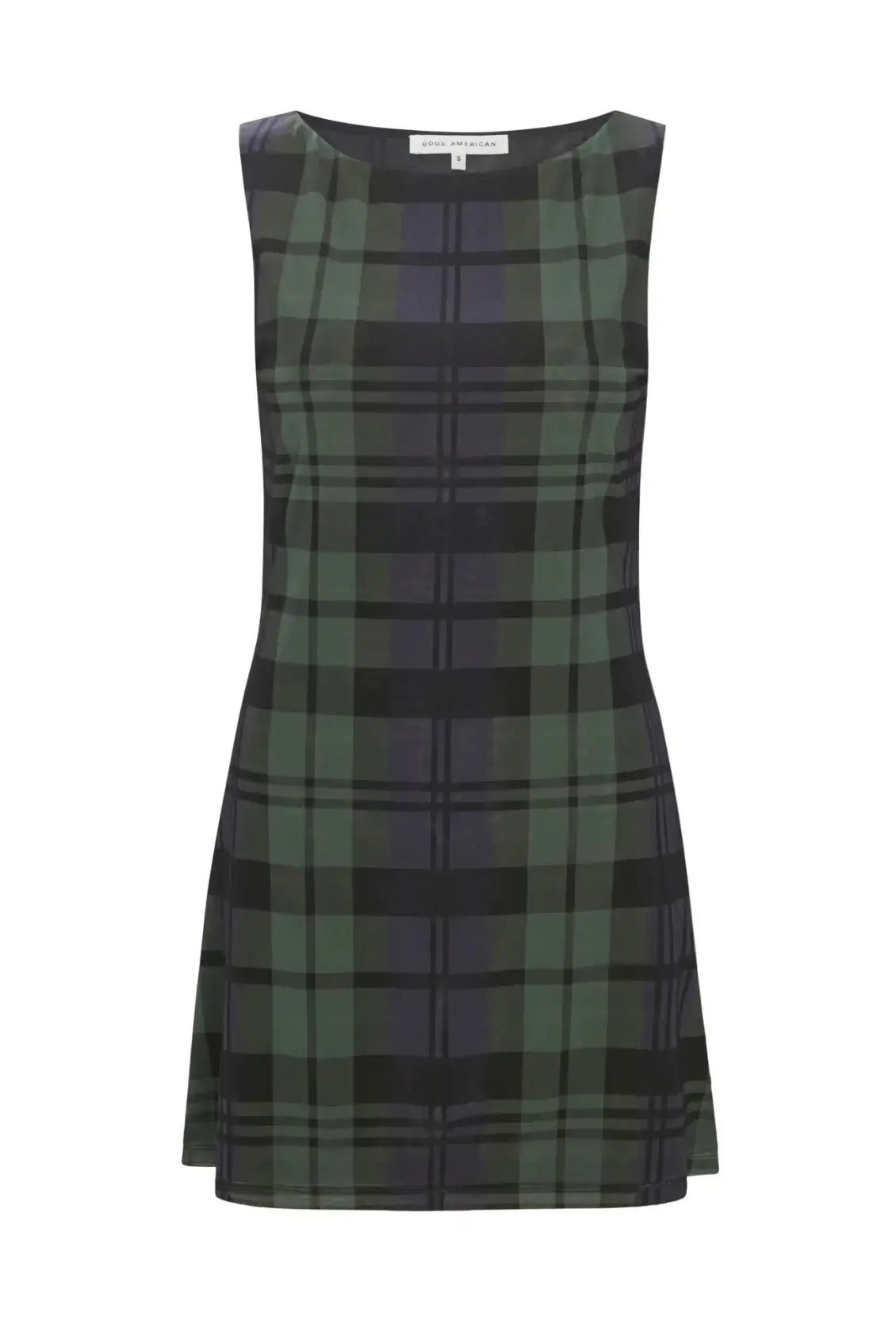 Good American Blair plaid mesh mini dress, stylish apparel featuring a plaid fabric design and a fitted silhouette.
