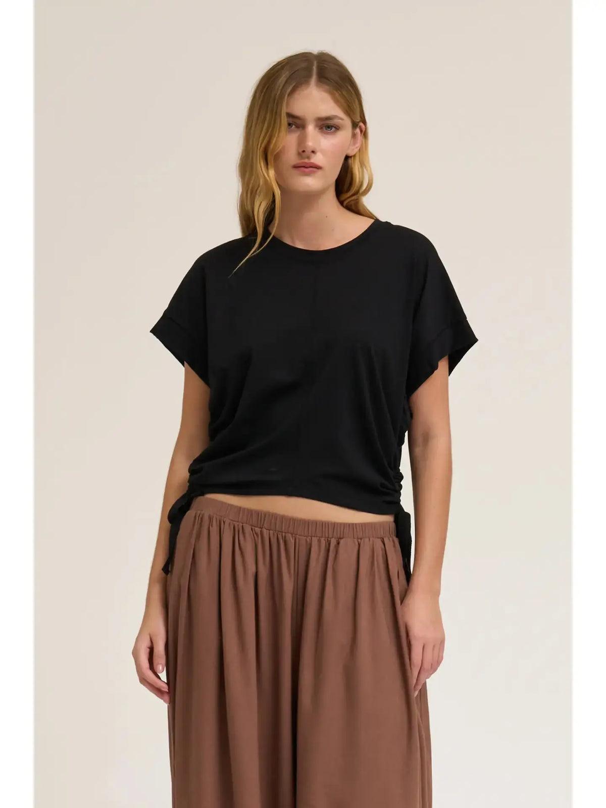White Willow Drawstring Tee from Grade and Gather, casual women's apparel with a relaxed fit and drawstring detail.
