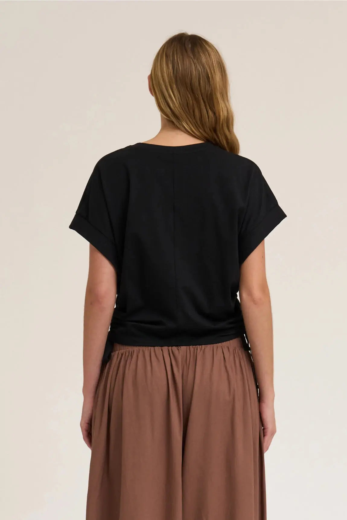 White Grade and Gather Willow Drawstring Tee, small size, casual apparel with drawstring neckline and relaxed fit.