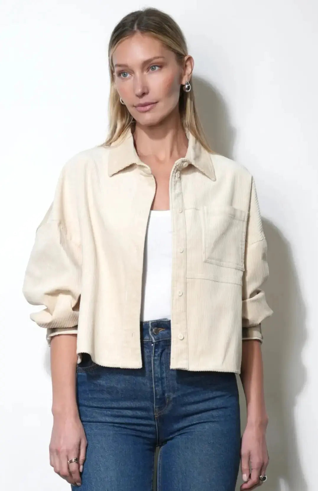 Greylin Collins corduroy jacket in a light brown color, featuring a classic collar and button closure, styled for casual wear.