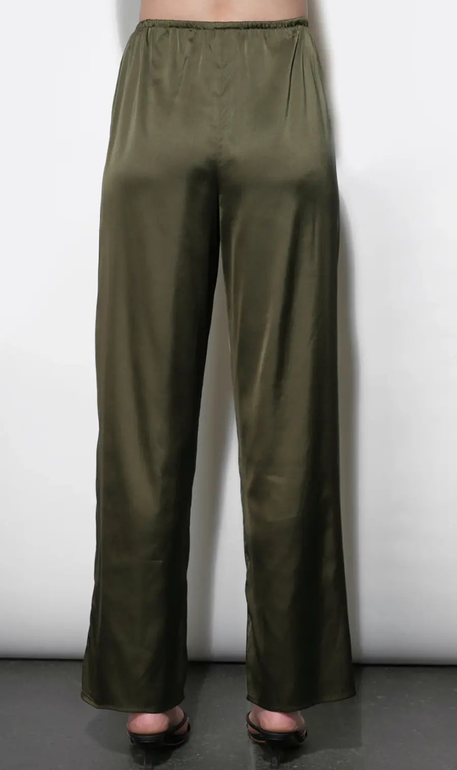 Greylin Fiona wide-leg satin pant in a stylish design, shown in a close-up view highlighting the smooth, shiny fabric and tailored fit.