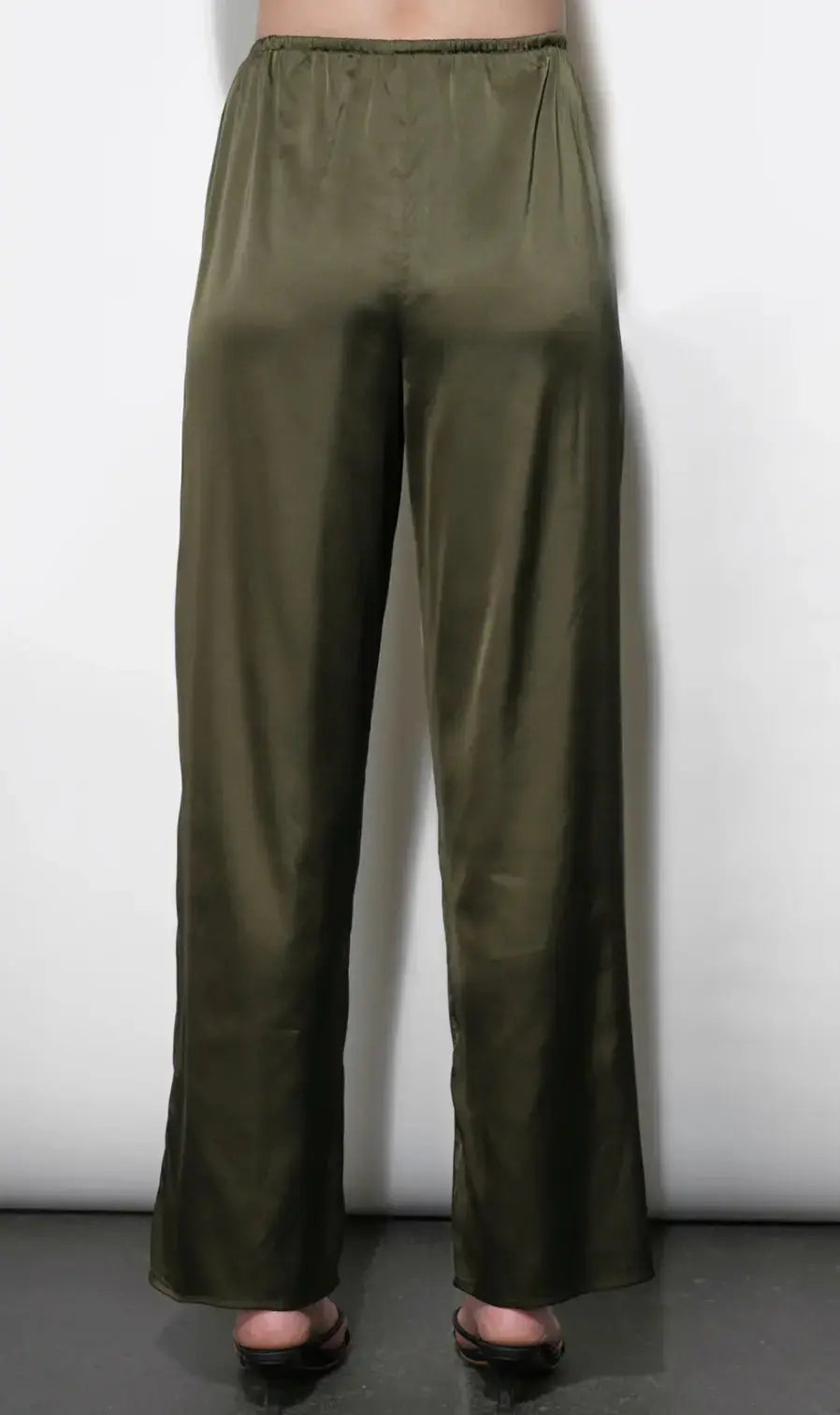 Greylin Fiona wide-leg satin pant in a stylish design, shown in a close-up view highlighting the smooth, shiny fabric and tailored fit.