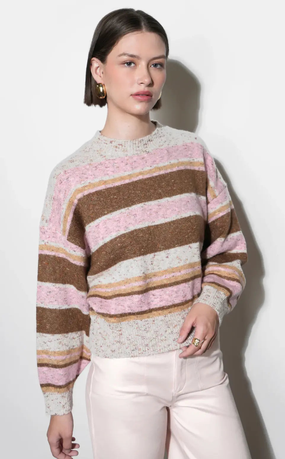 Pink and brown striped knit sweater from Greylin's Wendy collection, cozy and stylish women's apparel with a classic design.
