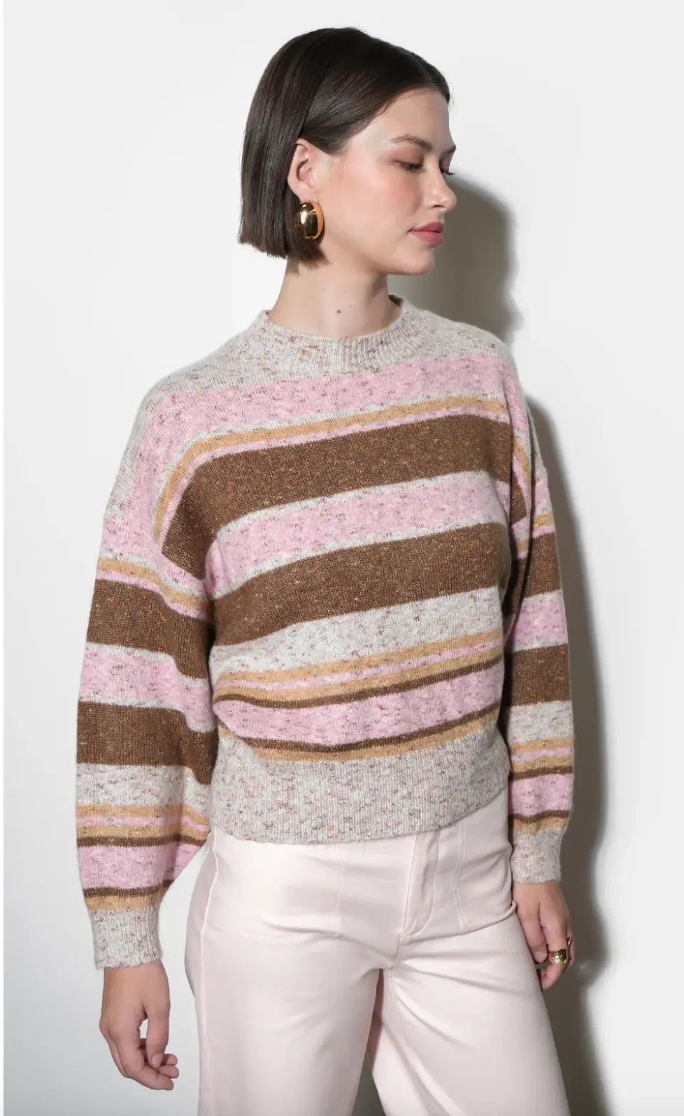 Pink and brown striped knit sweater from Greylin's The Wendy Sweater collection, cozy and stylish women's apparel.