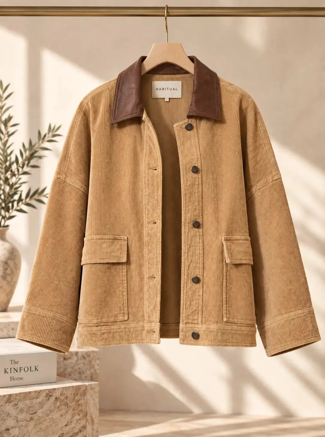 Habitual Rowan oversized corduroy jacket in a neutral color, featuring a relaxed fit and classic collar detail.