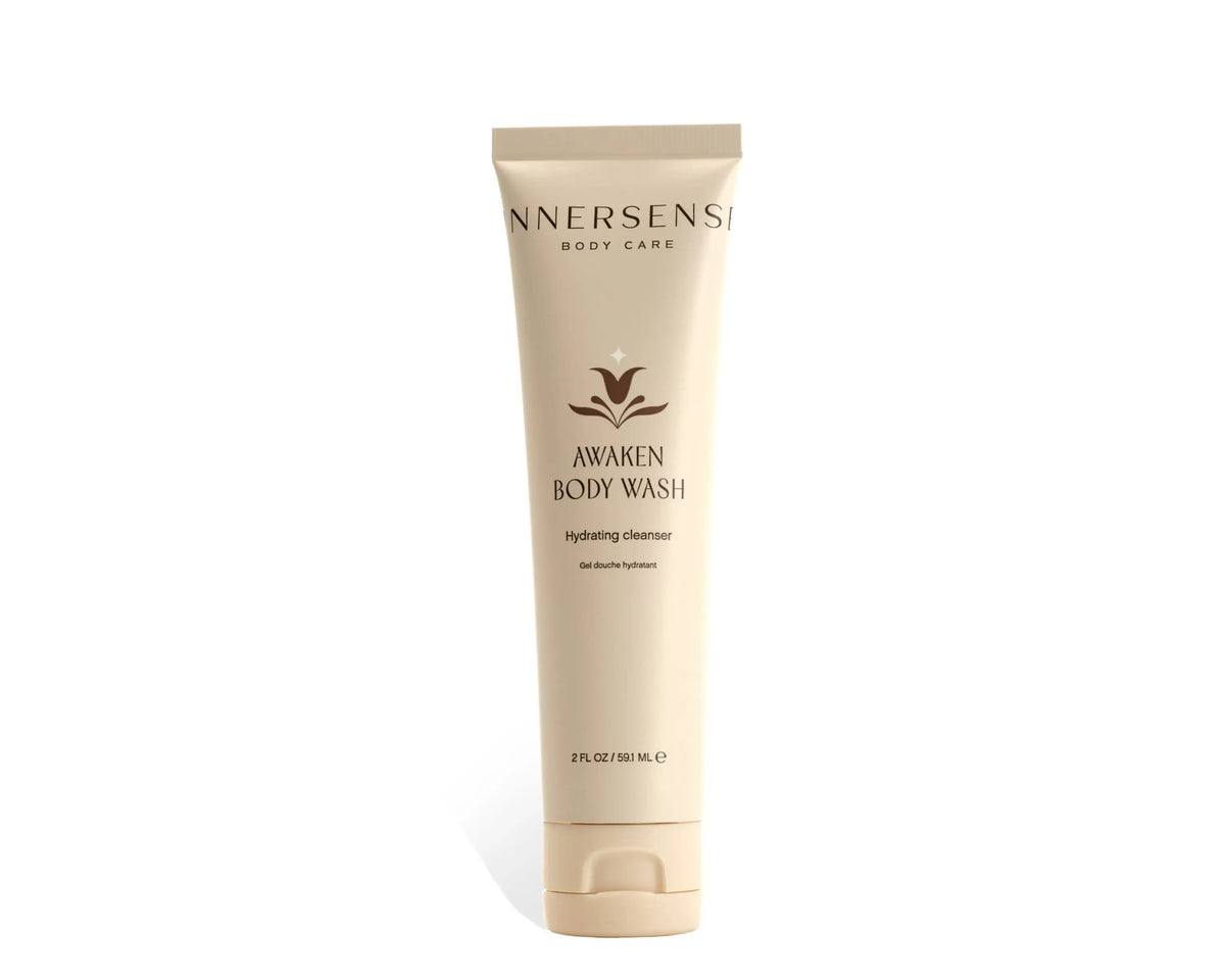Innersense Organic Beauty Awaken Body Wash bottle with label, natural ingredients, and fresh, clean design.