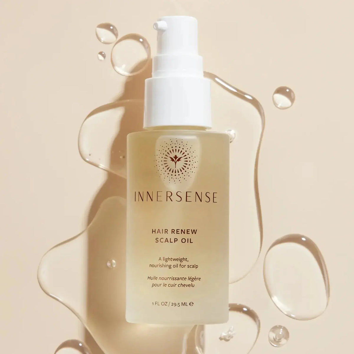 Innersense Organic Beauty Hair Renew Scalp Oil bottle with dropper, natural ingredients for scalp nourishment and hair health