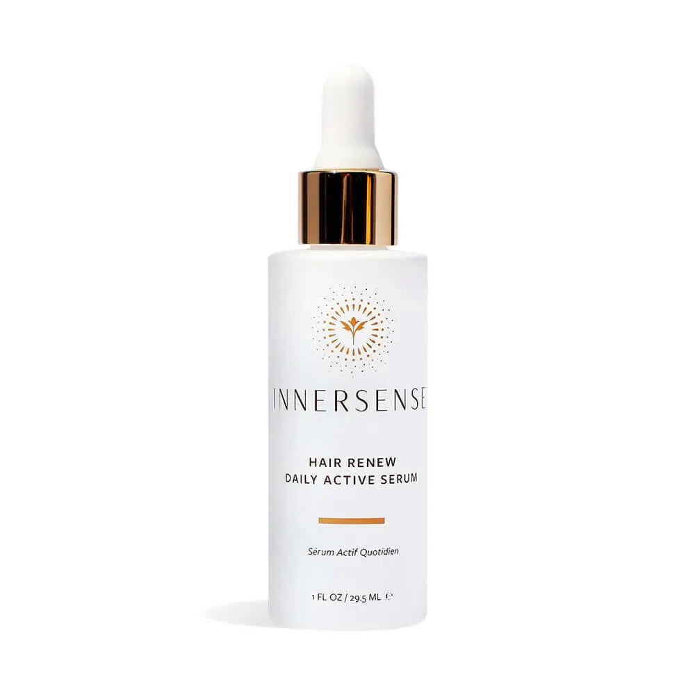 Innersense Organic Beauty Hair Renew Daily Active Serum bottle with dropper for nourishing hair treatment.