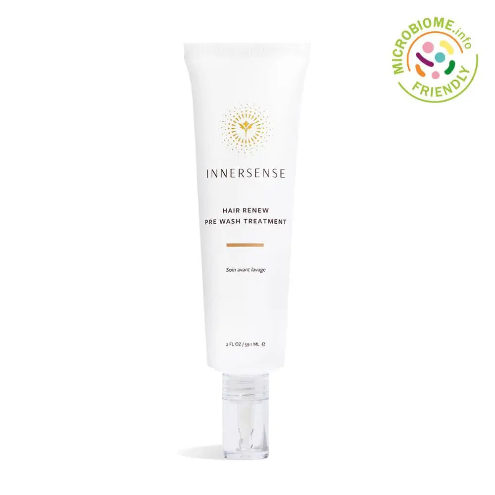 Innersense Organic Beauty Hair Renew Pre Wash Treatment bottle, natural hair care product for scalp and hair renewal.