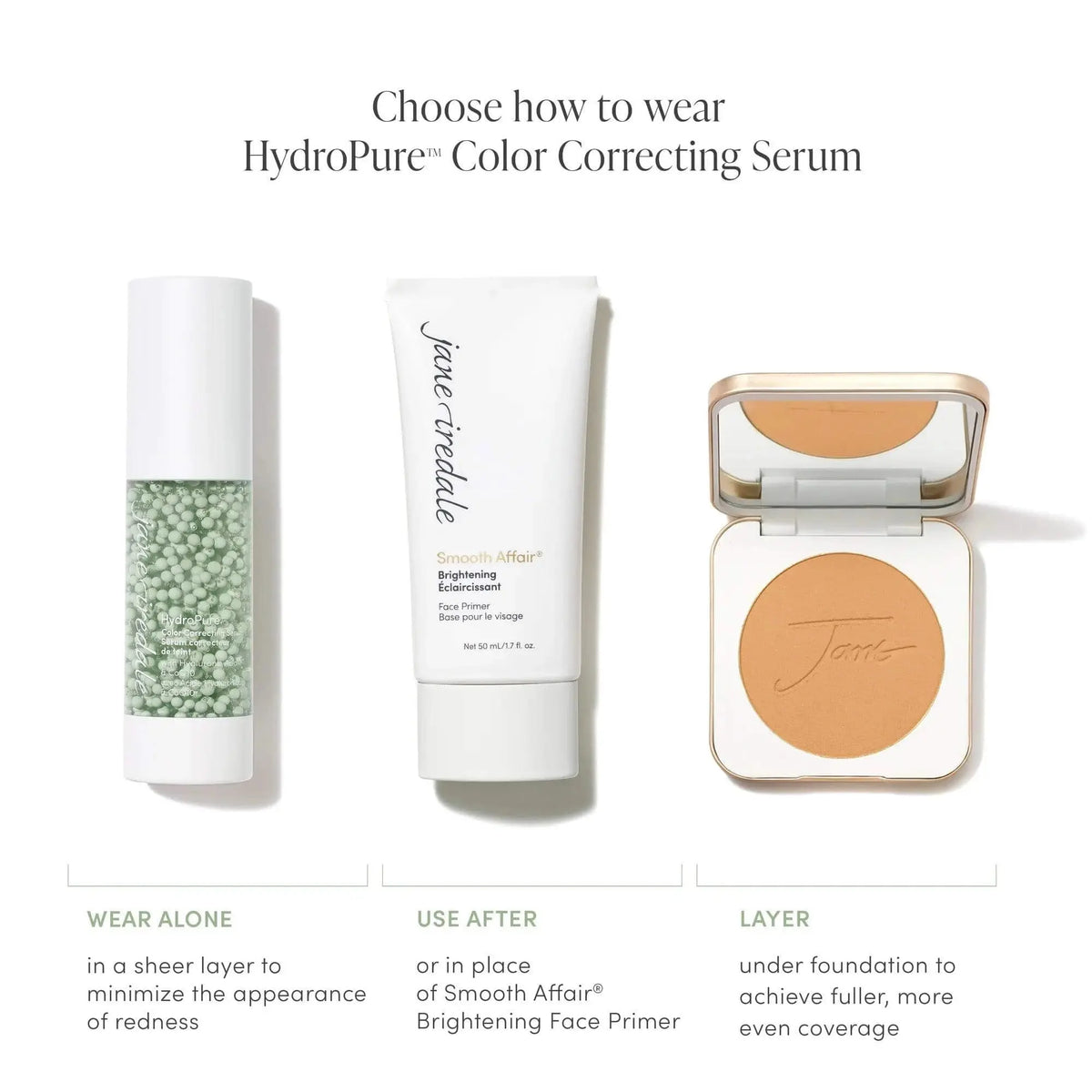 Jane Iredale HydroPure™ Color Correcting Serum in a sleek cosmetic bottle, designed to even skin tone and reduce redness.