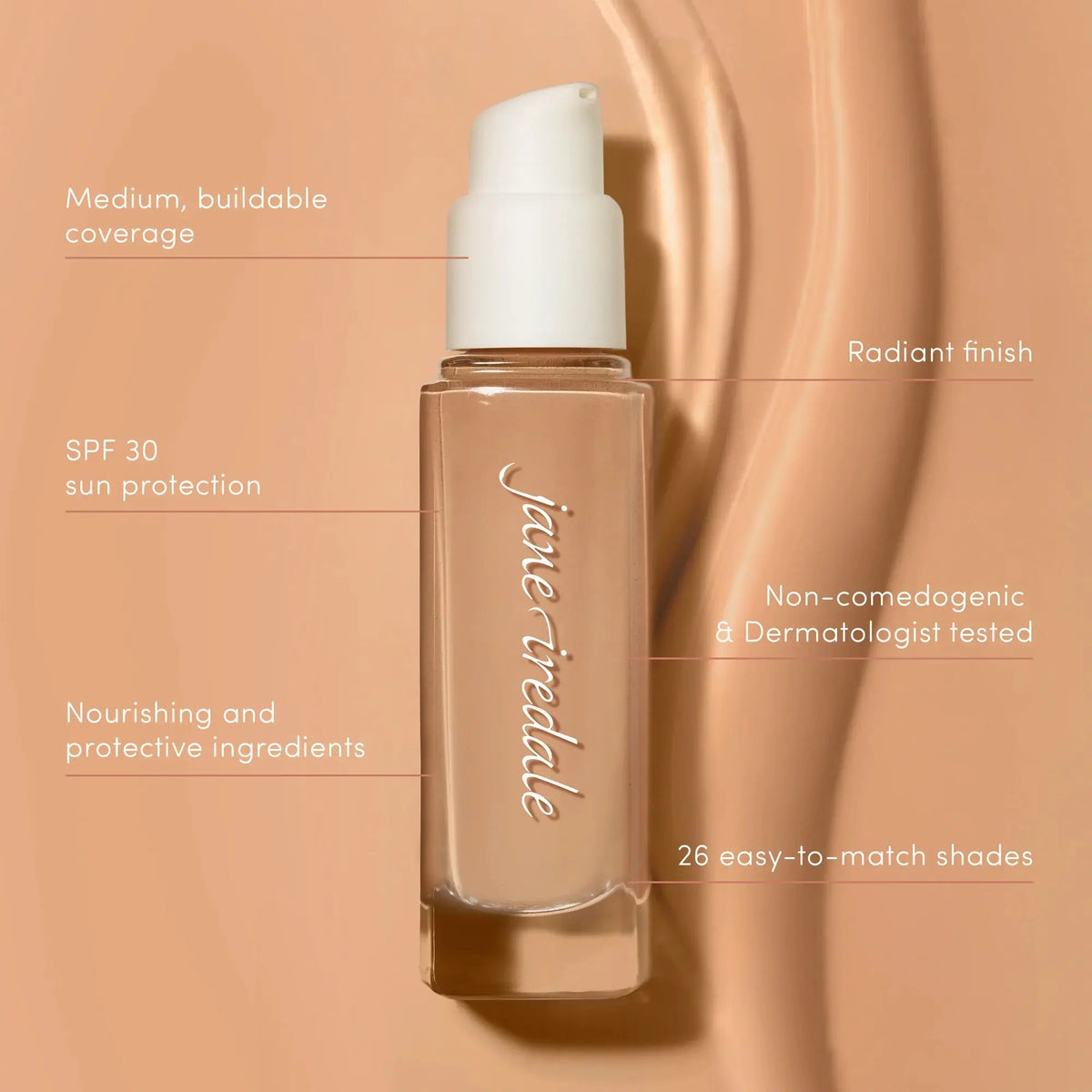 Jane Iredale Skintuition SPF30 Radiance Boosting Liquid Foundation in Fair shade, smooth and natural-looking makeup for a glowing complexion.