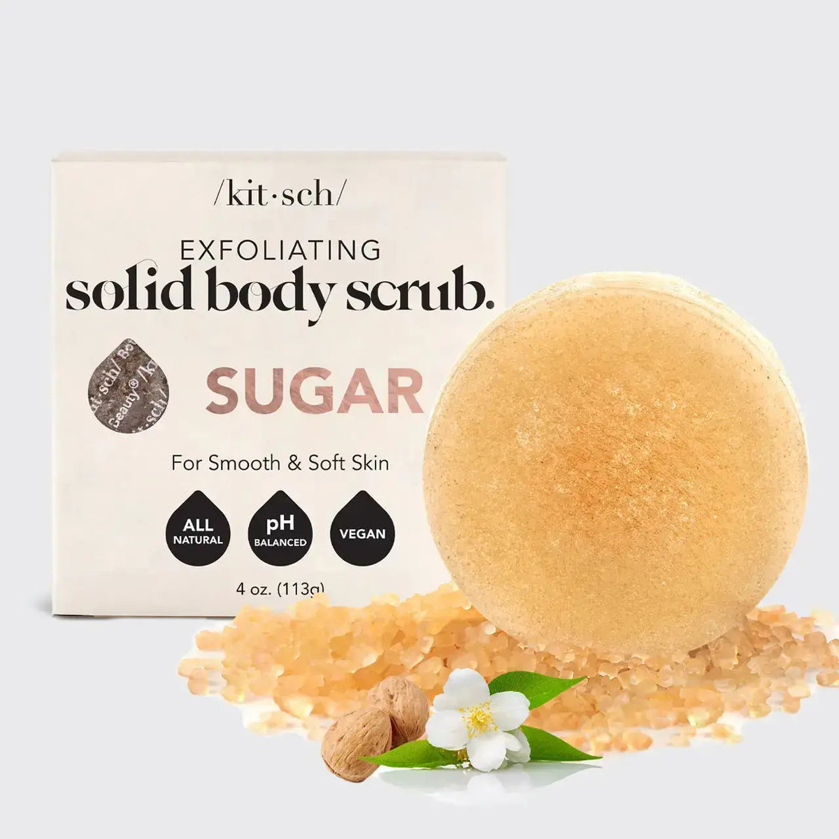 Kitsch Sugar Exfoliating Body Scrub Bar for bath and body, featuring a textured soap with sugar exfoliants and natural ingredients.