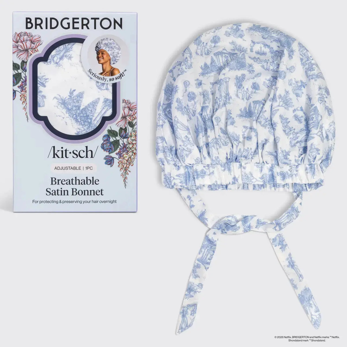 Kitsch Bridgerton satin bonnet with ruffled trim, soft fabric, and adjustable tie for comfortable sleep and hair protection.