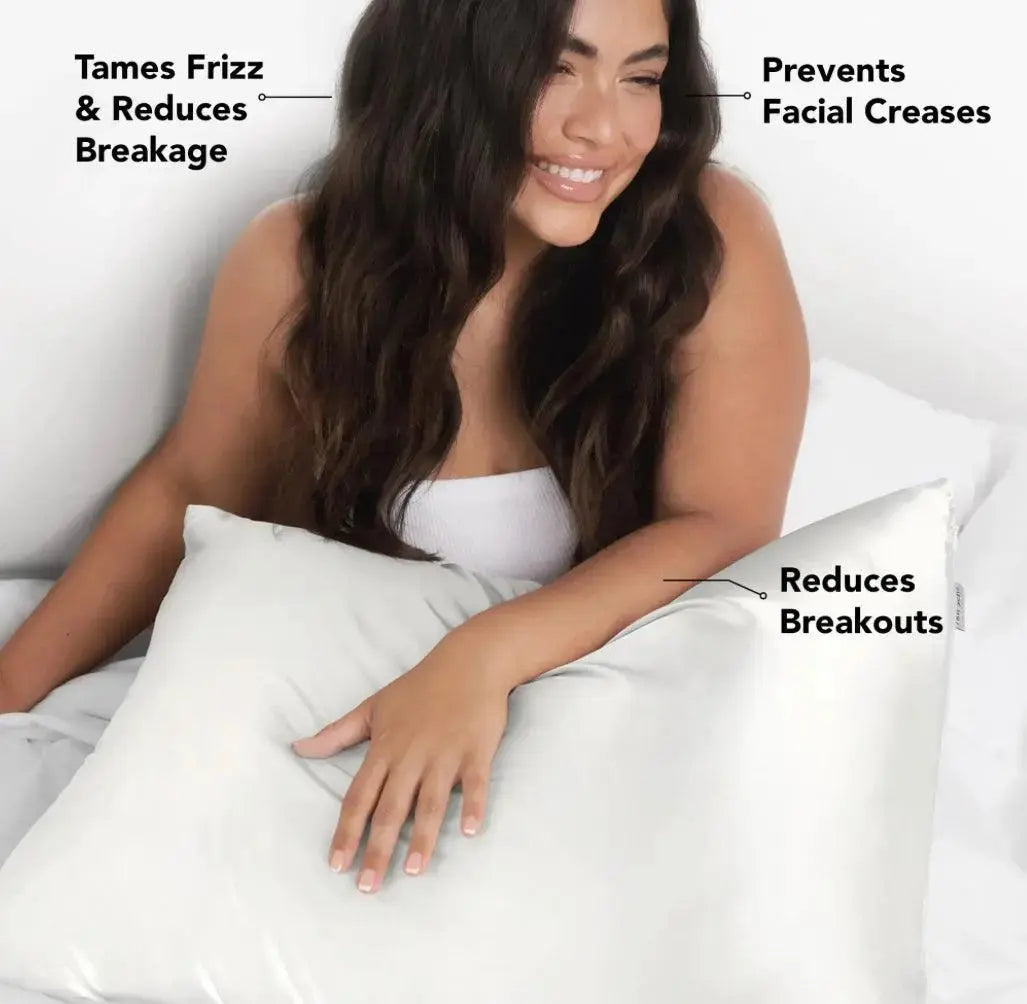 Ivory satin hair pillowcase by Kitsch, smooth and soft fabric designed for gentle hair care during sleep.