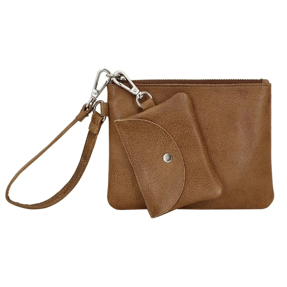 Latico Leathers Cognac Luma Pouch Set of stylish leather purses with sleek design and multiple compartments.
