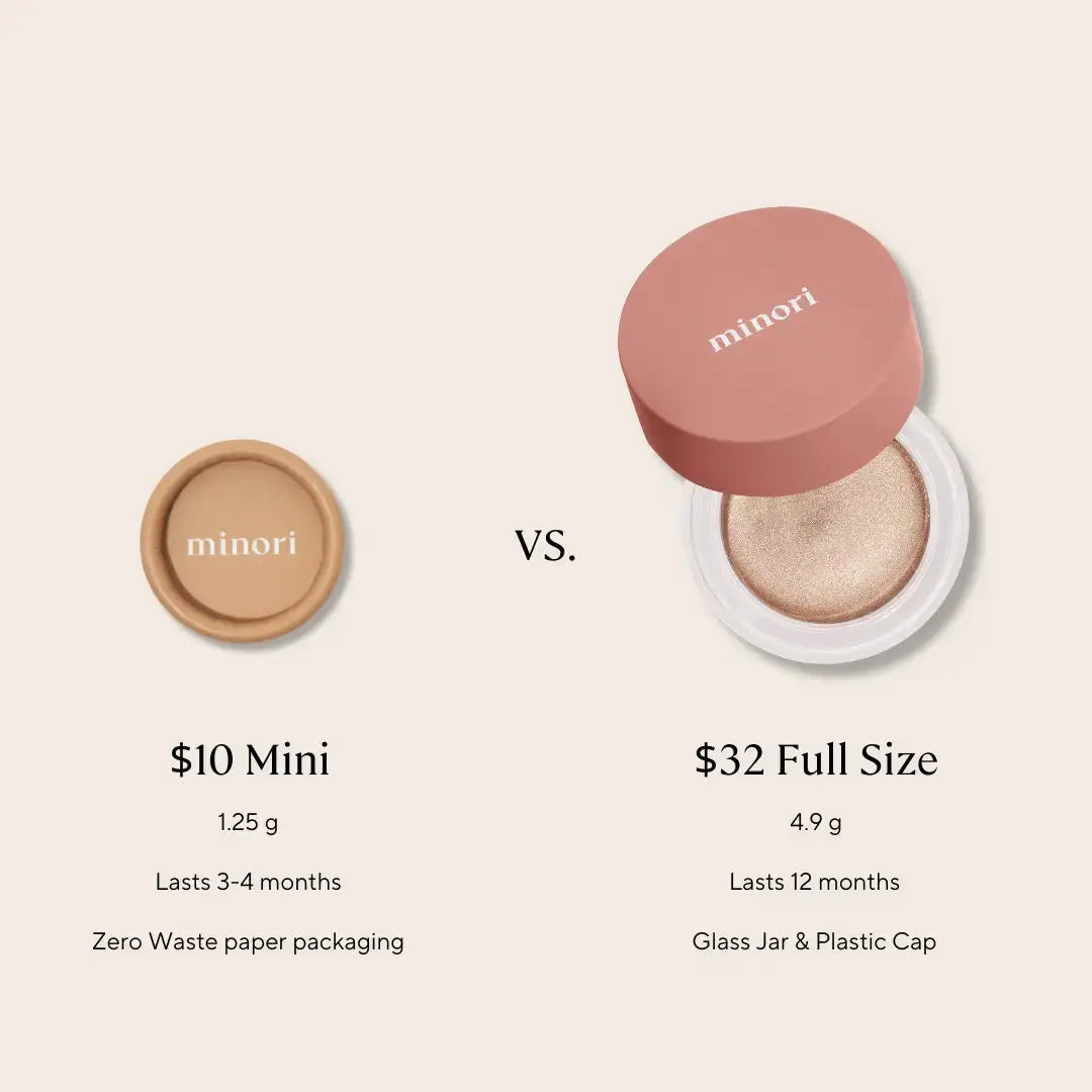 Minori Champagne Cream Blush in 25g, makeup product with a soft, shimmering champagne-colored highlighter and blush.