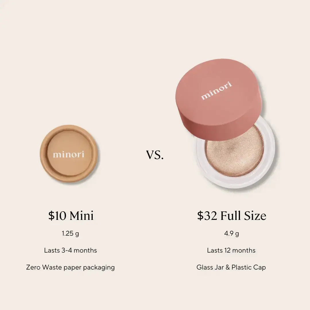 Minori Champagne Cream Blush in 25g, makeup product with a soft, shimmering champagne-colored highlighter and blush.