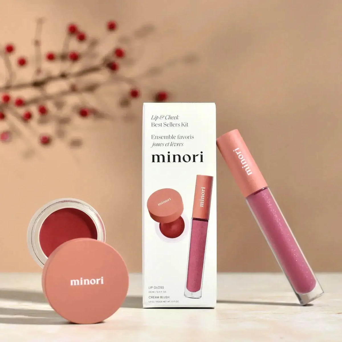 Minori Lip & Cheek Makeup Kit featuring a compact palette with shades of lipstick and blush in sleek packaging.