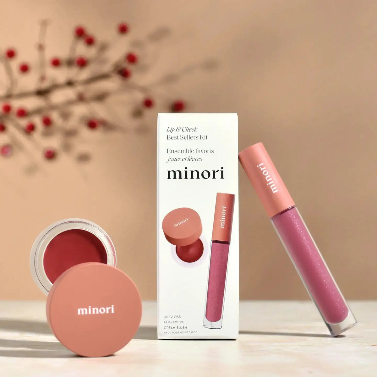Minori Lip & Cheek Makeup Kit featuring a compact palette with shades of lipstick and blush in sleek packaging.