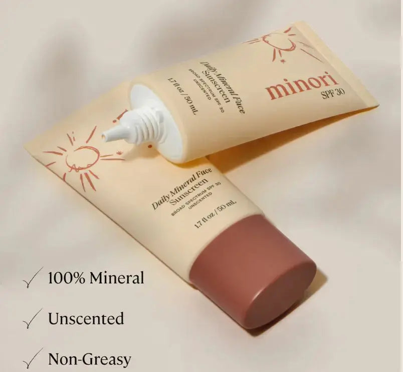 Minori Daily Mineral Sunscreen SPF 30 in a 3.4 oz tube, broad spectrum skincare product with mineral-based formula.