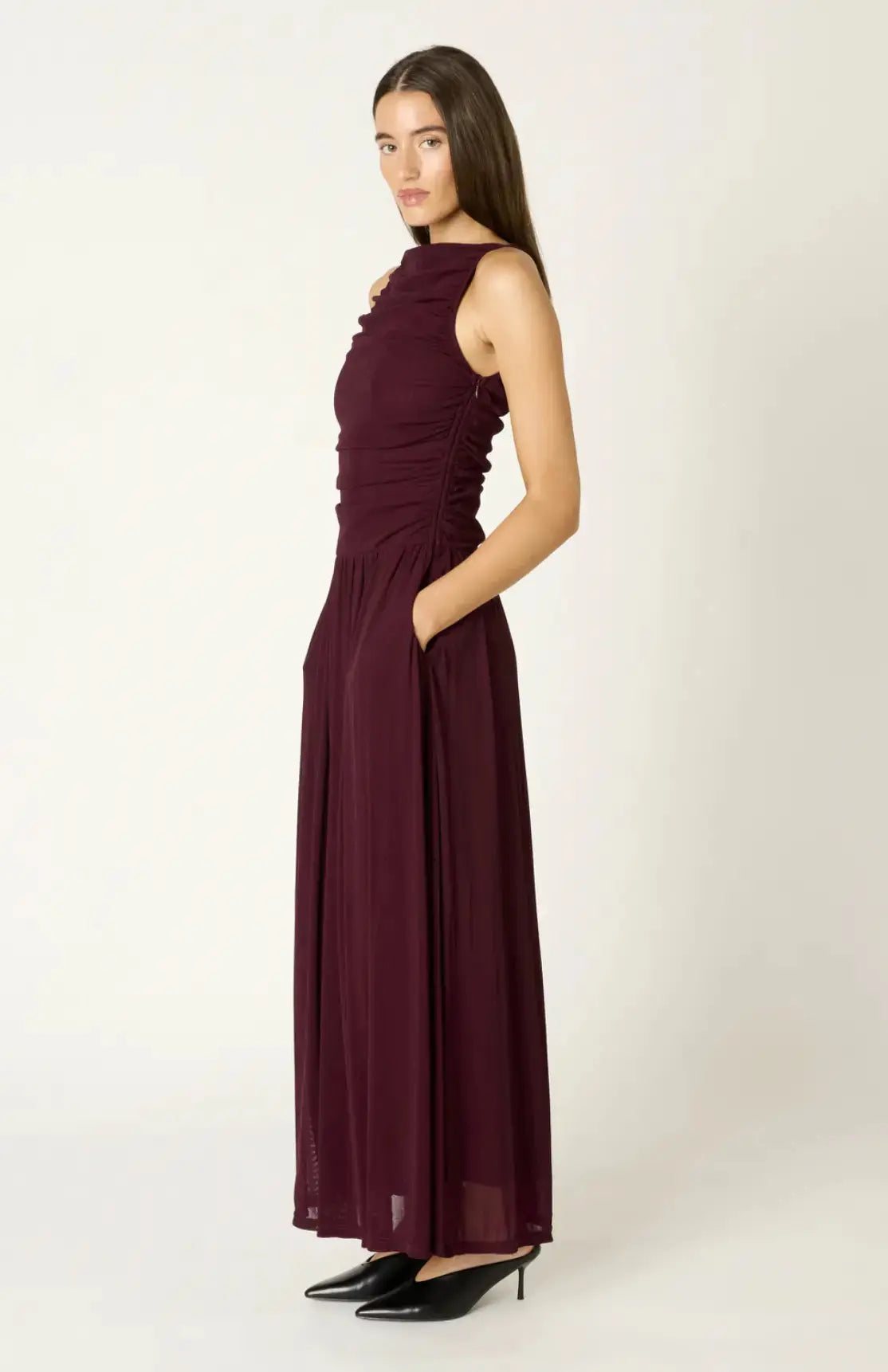 NIA Maren Maxi Dress in extra small size, flowy apparel with a fitted bodice and long skirt, perfect for casual or dressy occasions.