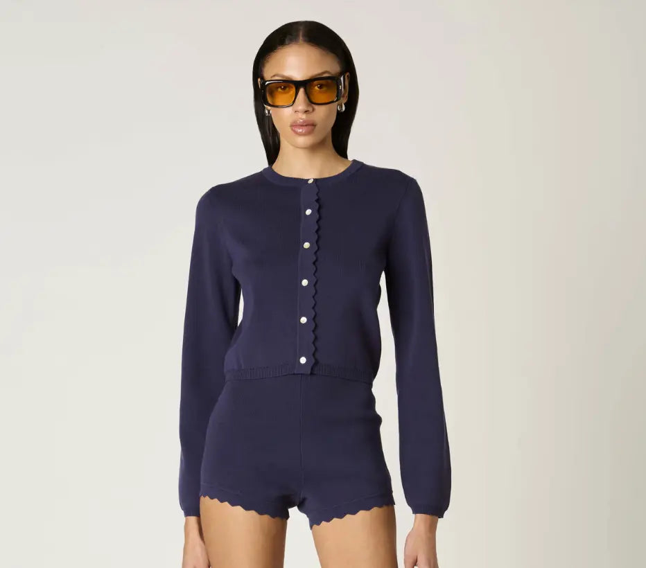 NIA Roxie scallop detail cardigan in extra small, featuring a soft knit fabric and delicate scallop trim front and cuffs.
