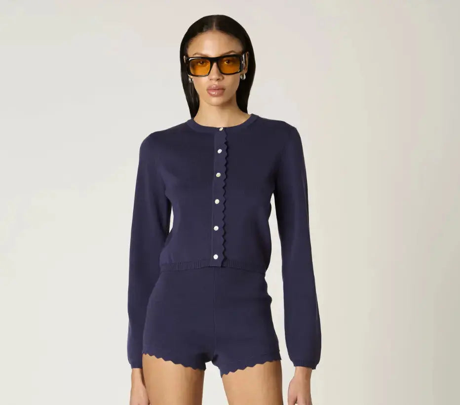 NIA Roxie scallop detail cardigan in extra small, featuring a soft knit fabric and delicate scallop trim front and cuffs.