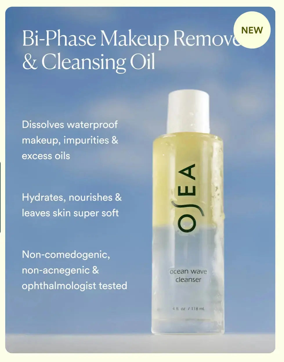 Osea Ocean Wave Cleanser in 4oz bottle with clear label, showcasing a refreshing facial cleanser for all skin types.