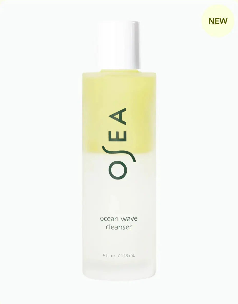 Osea Ocean Wave Cleanser in a 4oz bottle, showing the clear liquid and minimalist label on the skincare product.