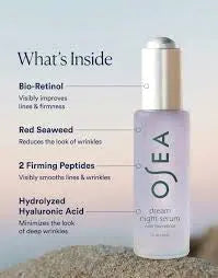 Osea Dream Night Serum with bio-retinol in a sleek glass bottle, featuring dropper applicator for nightly skin rejuvenation