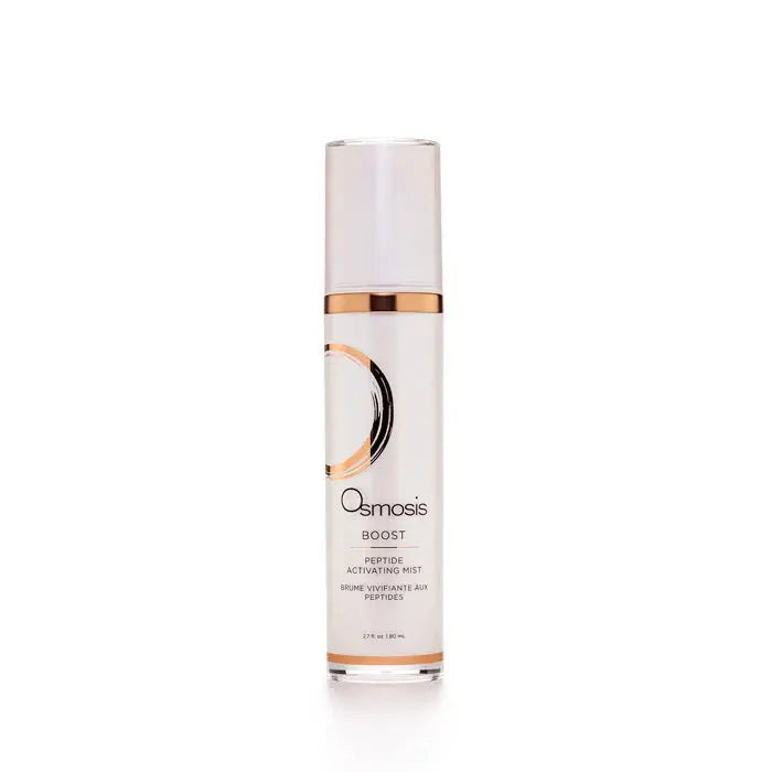 Osmosis Boost Peptide Activating Mist bottle with a sleek design, featuring a clear spray nozzle and minimalist label.