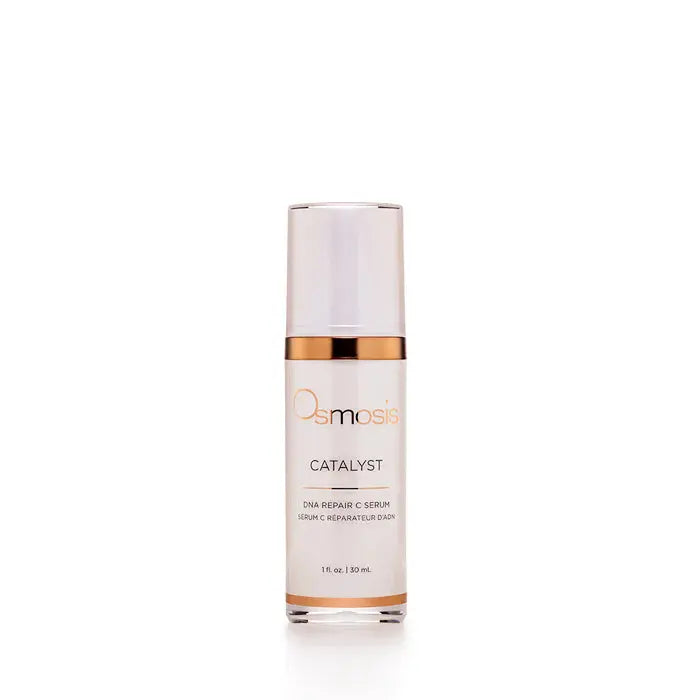 Osmosis Catalyst DNA Repair Vitamin C skincare product featuring a sleek bottle with a pump dispenser on a white background.