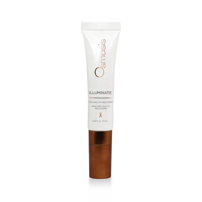 Illuminated Eye and Lip Treatment by Osmosis skincare product showing a sleek container and applicator for eye and lip area care.
